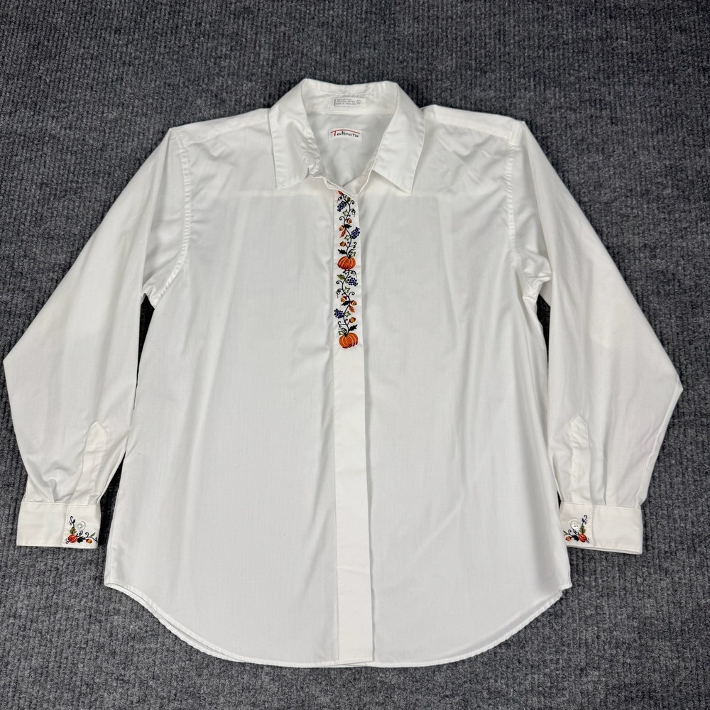 Vtg 90s Talbots Button Up Shirt Womens L White Pumpkin Embroidered Fall Harvest